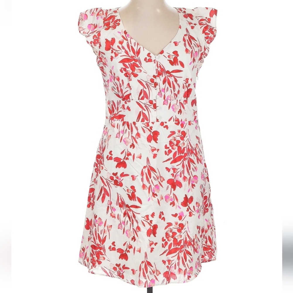 Banana Republic Linen Blend Short Sleeve Floral Dress, 16 Tall, White/Red/Pink